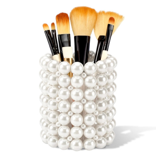 Domensi Pearl Makeup Brush Holder Vintage Makeup Brush Holder White Pencil Pen Organizer Make up Cup Women Storage Container for Table, Dresser, Bathroom, Bedroom Organization