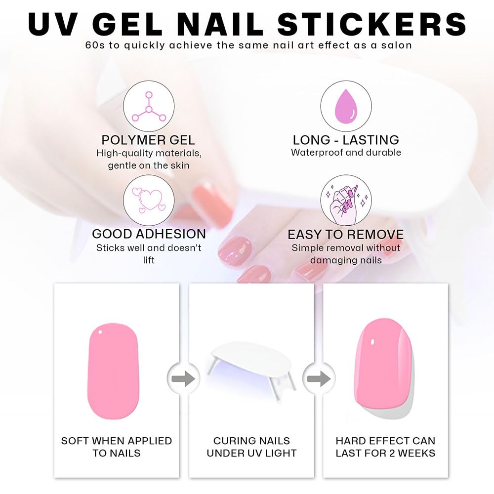 Semi Cured Gel Nail Strips with Pink Marble Designs Glitter Gel Nail Stickers Glossy Nail Strips Salon Quality & Easy to Use 20 Pcs for Women