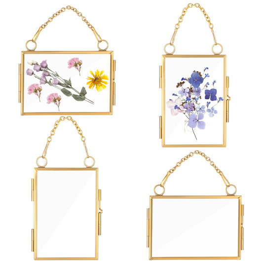 4Pcs Double Glass Frame for Pressed Flowers, 2x3 inch Brass Clear Pressed Flower Decor with Chain, Gold Floating Hanging Photo Frame, Horizontal Vertical Frames for Specimen Artwork Display Decor