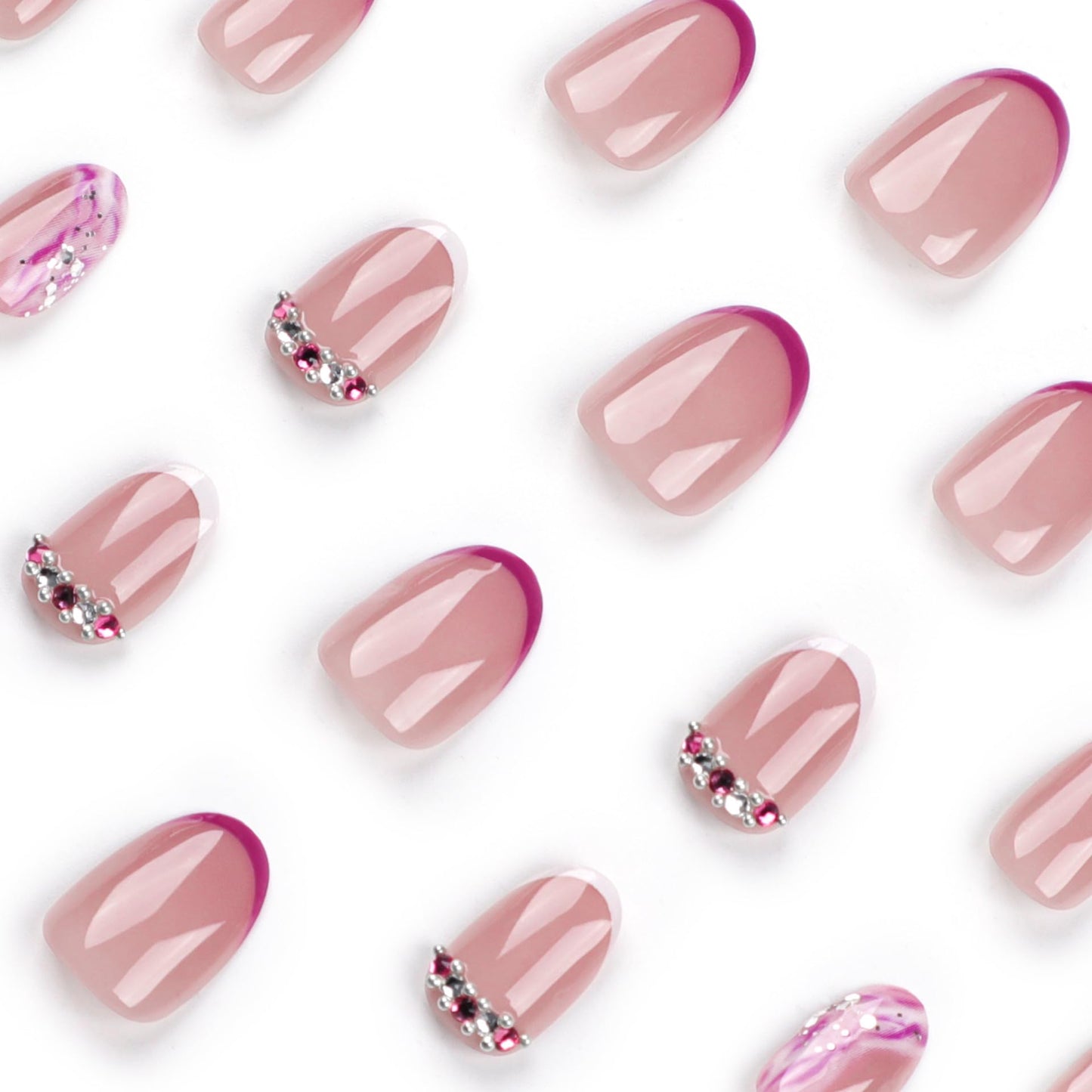 Short Almond Press on Nails Purple French Tip Fake Nails Oval False Nails with Designs Wave Rhinestones Glue on Nails Full Cover Acrylic Nails Glossy Stick on Nails for Women Manicure Art 24 Pcs