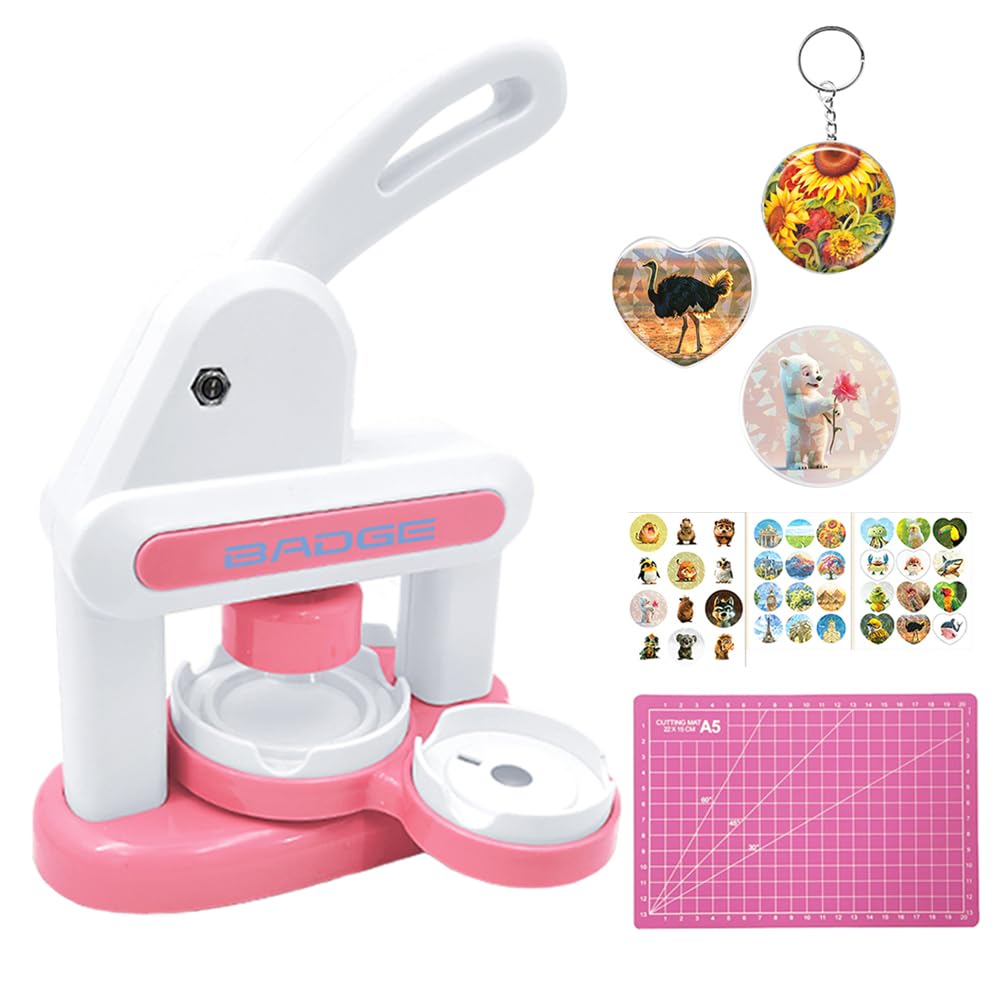 Upgraded Badge Button Maker Machine Kit - DIY Pin Press with 2 Round Sizes & Heart Shapes,Button Parts, Pictures, Circle Cutter, Board, Chain & Scissors - Ideal for Kids, School & Party Badge Making