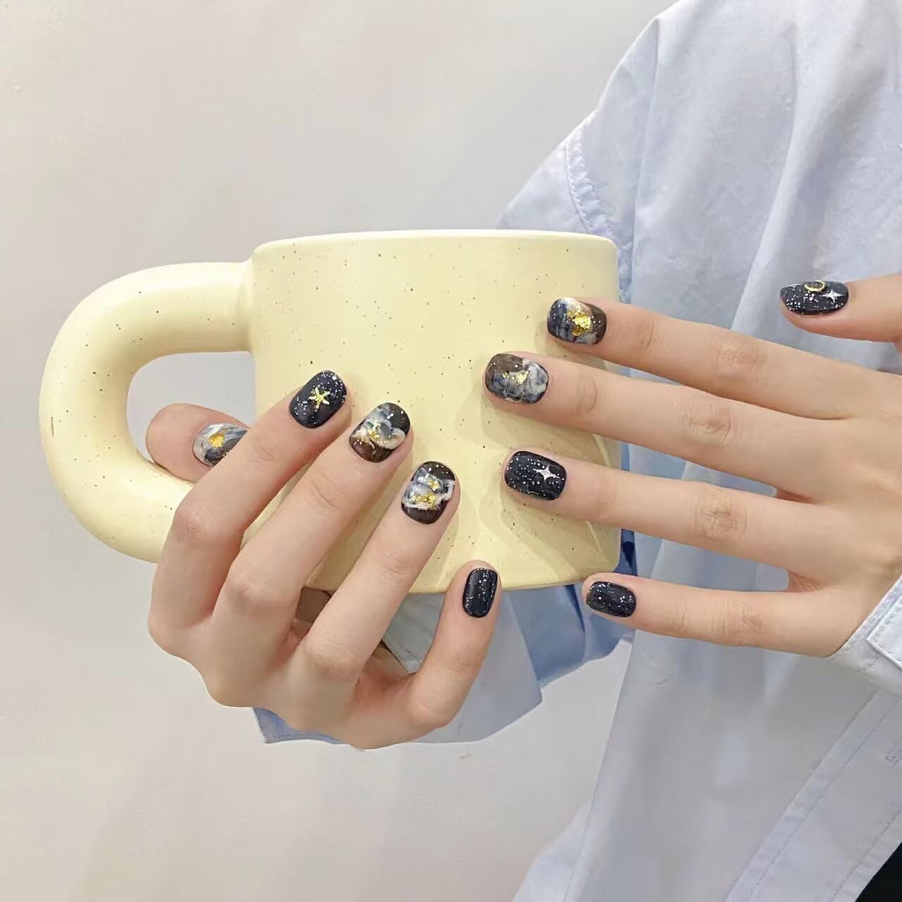 Handmade Press On Nails Reusable Stick On Fake Nails Blue oil Painting Style Stars and Moon Luxury Elegant Sexy Style For Women Gift With Nail Glue L