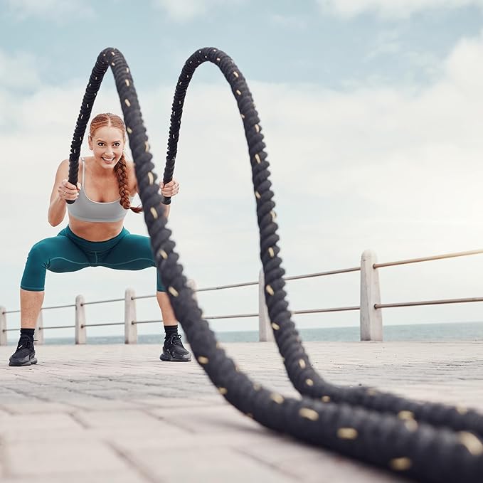 MECCANIXITY Battle Rope 30ft x 2 Inch Polyester Workout Rope Heavy Fitness Exercise Rope for Strength Training Home Gym Muscle Building, Black