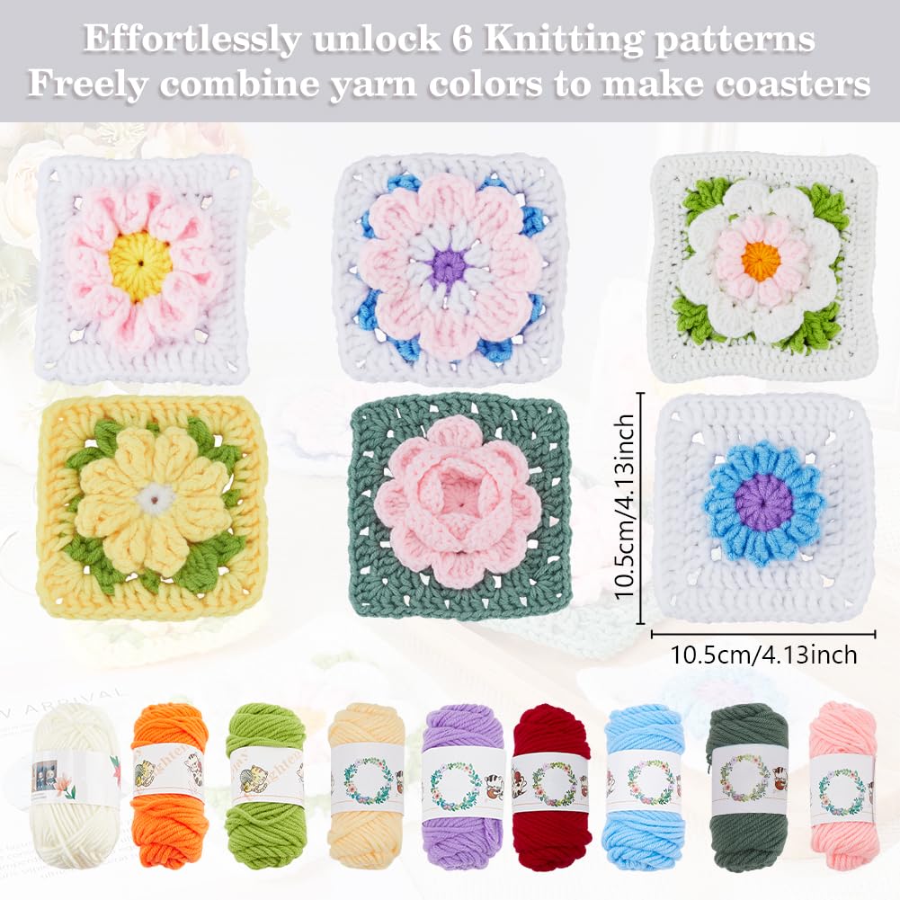 ACRNIGHEET Crochet Kit for Beginners 3D Floral Granny Square Crochet Kit for Adults Learn to Crochet Kits for Adults Beginner Knitting Kit with 6 Square Step-by-Step Video Guide Tutorial