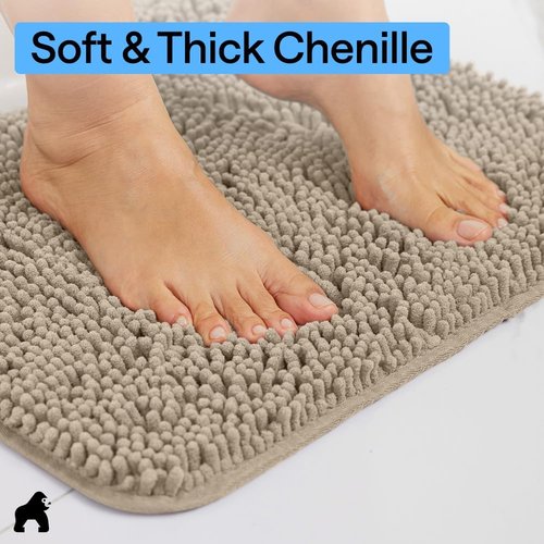 GORILLA GRIP Bath Rug Mat - Plush Absorbent Shaggy Chenille for Square Toilet Base - Gray Beige, Machine Washable
