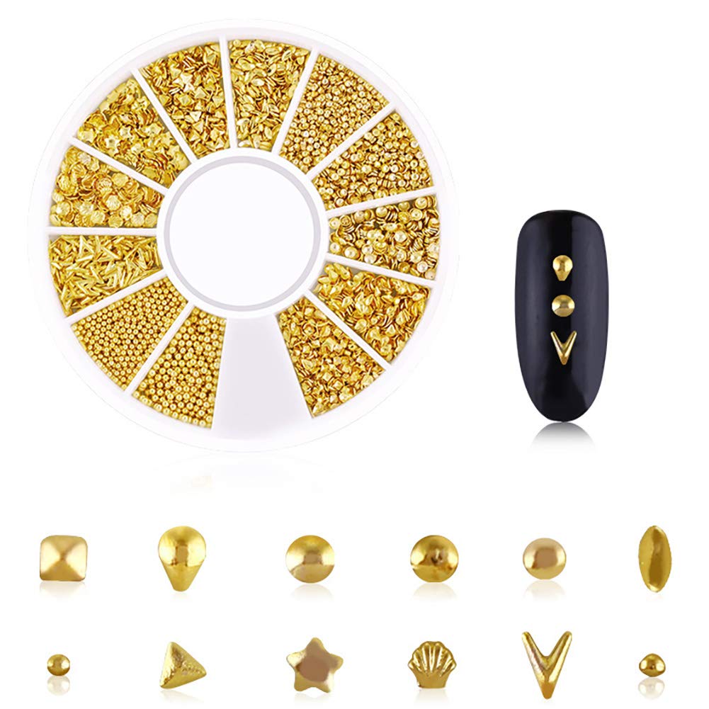 DANNEASY Gold Nail Studs Metal Nail Charms 3d Nail Art Charms Manicure Decoration Kit Star Moon Shell Cross Flower Nail Jewels with 1pc Curved Tweezers, Wax Pen (6 Wheels)