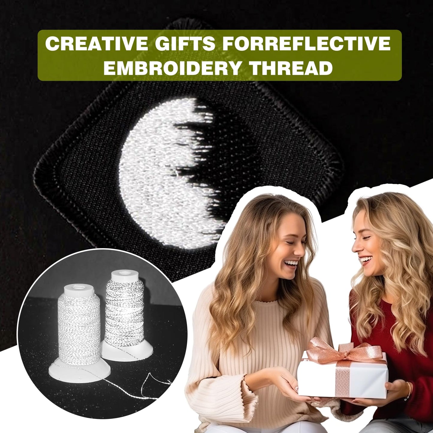 SunBling High-Visibility Reflective Embroidery Thread Kit Improved Night Safety, 2X200M(218Yds) Each Spool Polyester Sewing Machine Thread Suitable for Hand Embroidery, Sewing, Quilting (Black&Gray)