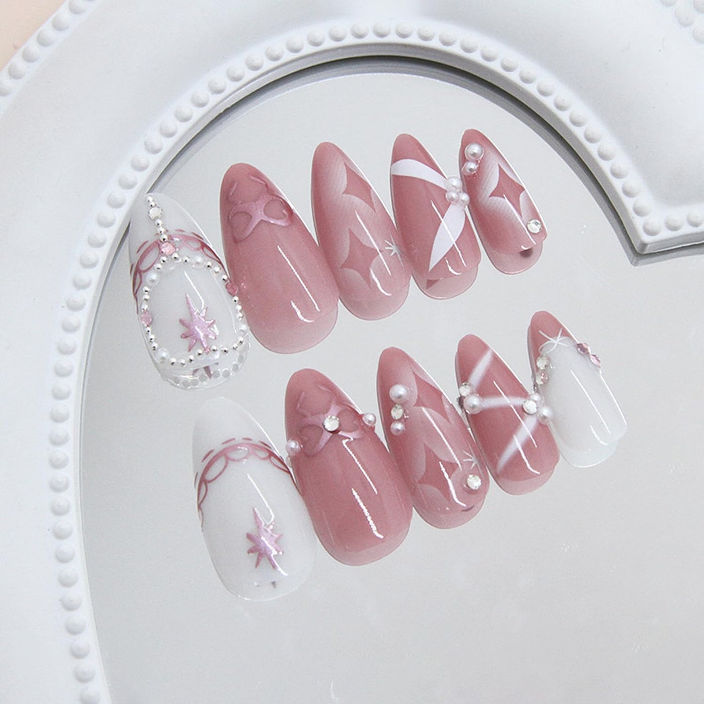 24Pcs French Tip Press on Nails Medium Almond Fake Nails Sparkling Diamond Pearl Star Bow Design French Nails Reusable Fake Nails for Wedding Party Cute Stick on Nails for Women Daily Wear