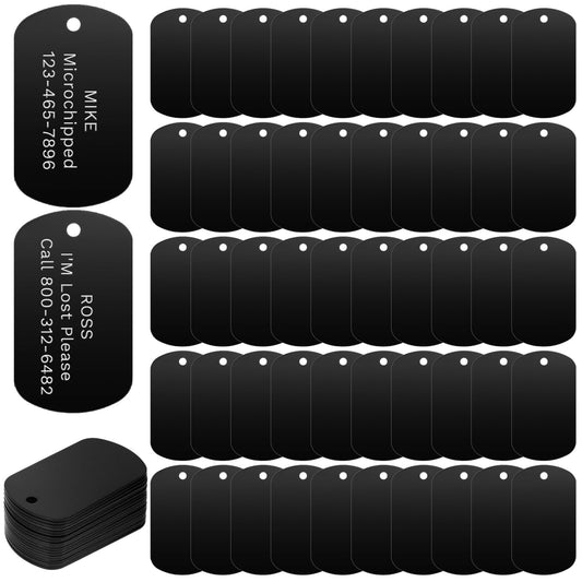 50 Pcs Personalized Stainless Steel Dog Tags, Rectangle Metal Stamping Blanks & Laser Engraving Blanks, Metal Tags with Hole for DIY Craft Laser Engraved Dog Tag Pet ID Keychain Pendants (Black)