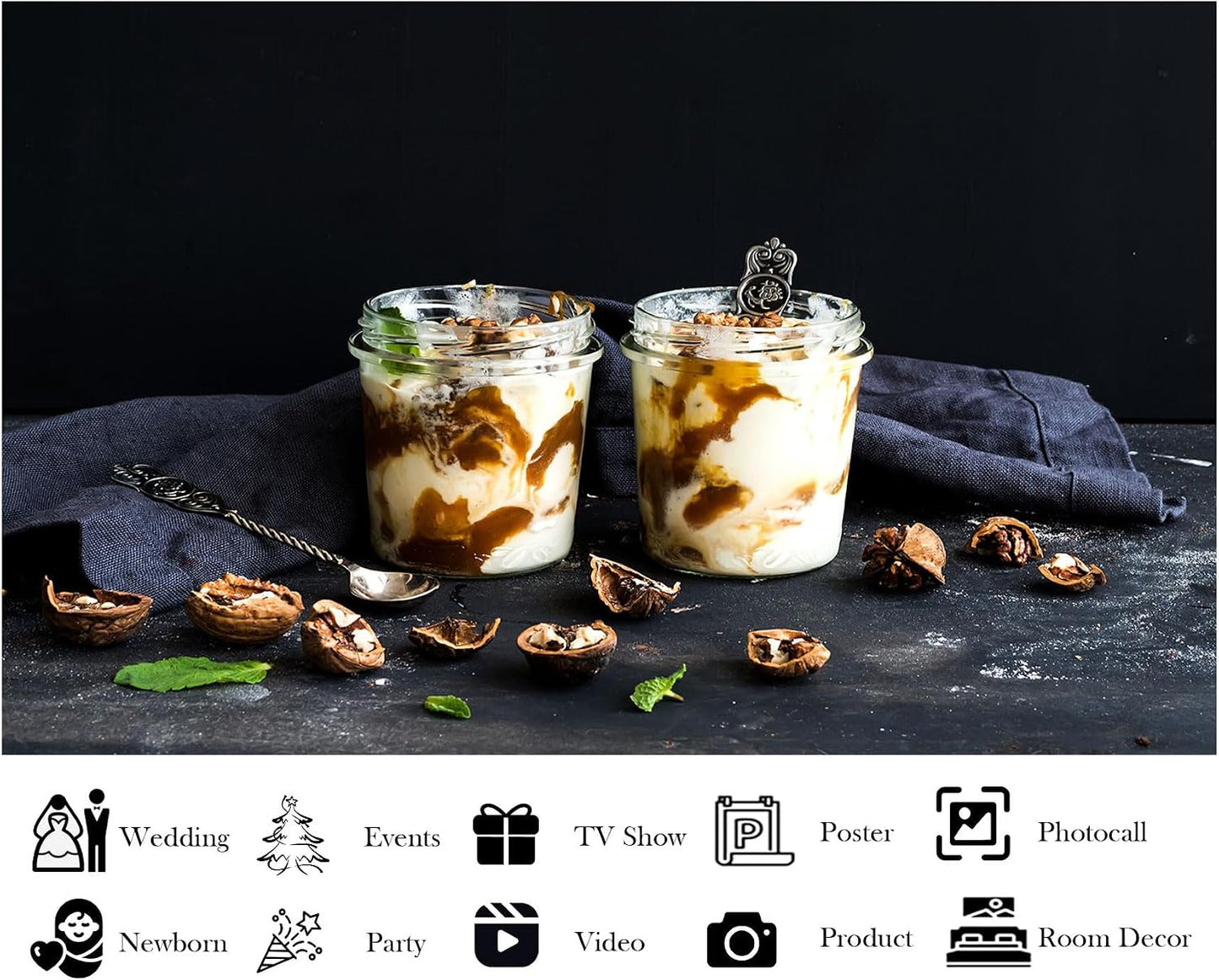LidyMini 10x8ft Fabric Yogurt Parfaits with Caramel and Walnuts Backdrop Dark Moody Surface Mint Leaves Photography