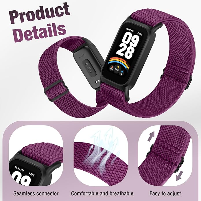 2 Pack Elastic Bands Compatible with Xiaomi Smart Band 9 Active Women Men, Soft Nylon Replacement Sport Wriststrap for Redmi Band 3