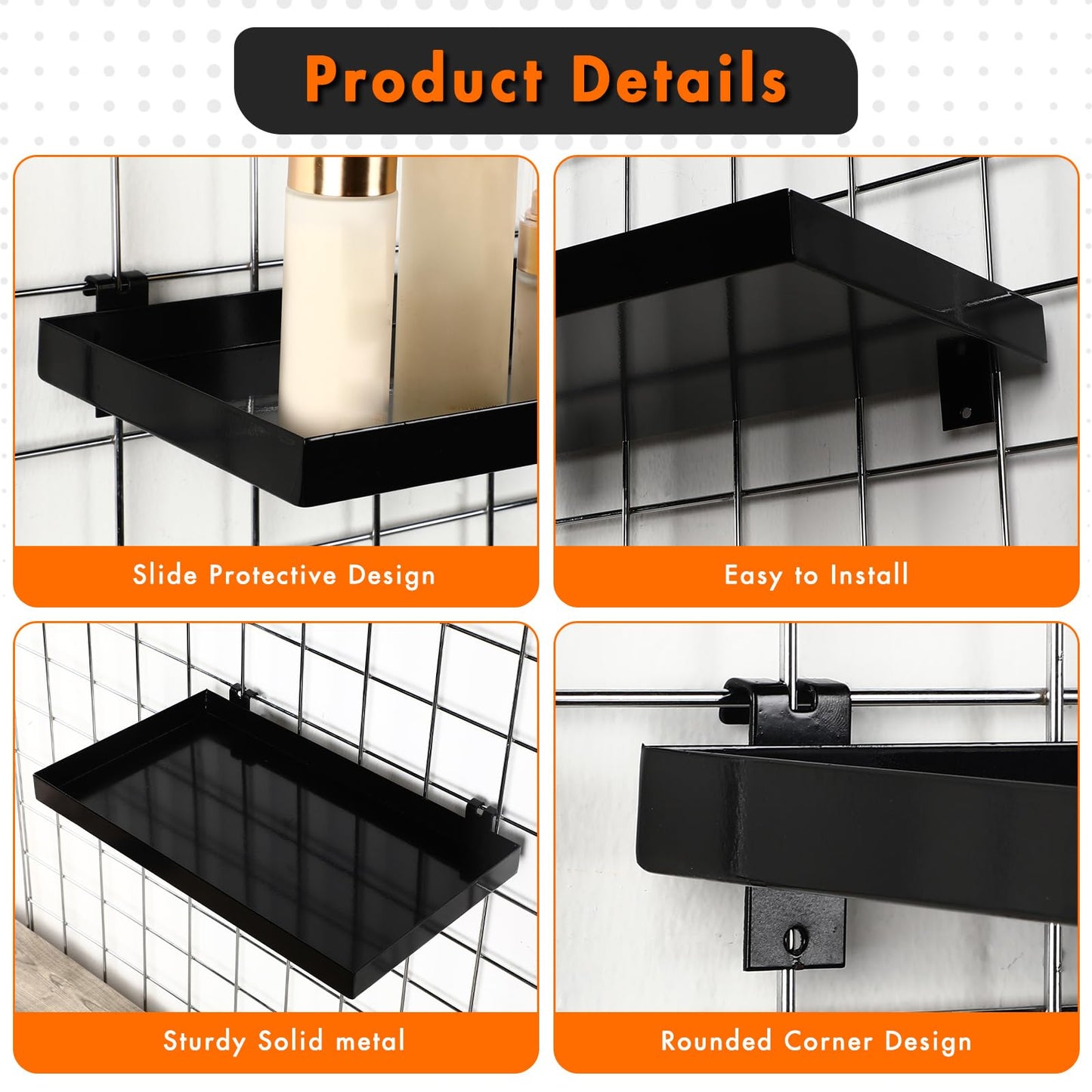 Coume 4 Pcs Grid Panel Display Shelf 11.8 x 7.87 Inch Metal Display Rack Gridwall Shelving Wall Organizer Grid Wall Panels Hanger Accessory for Crafts Room, Garage, Workbench, Office, Retail
