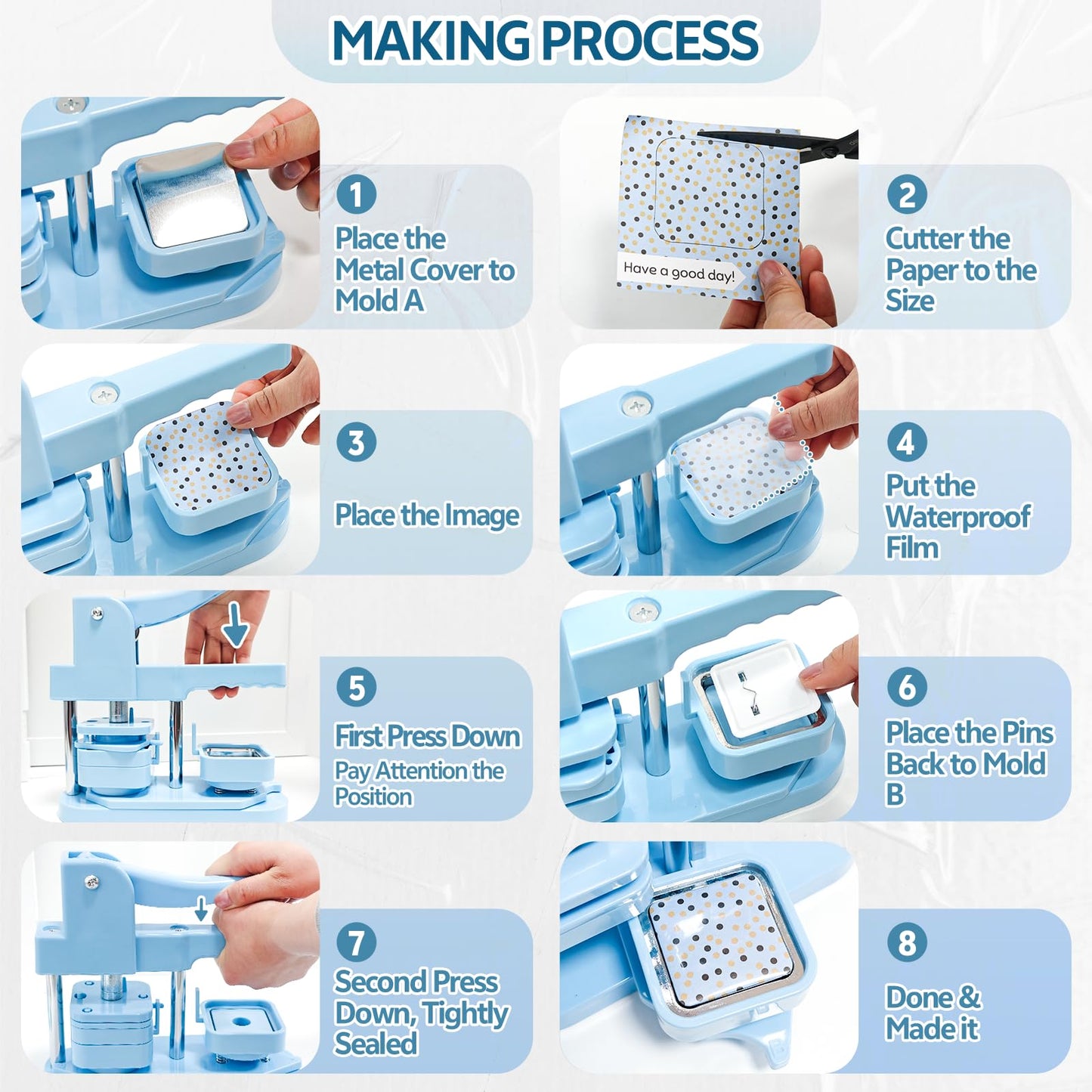 Square Button Maker Kits 2x2 Inch Square Pin Maker Machine 100 Set Blank Pins Button Making Supplies(Metal Cover, Film, Back Inserts), for Home, Events, Small Business