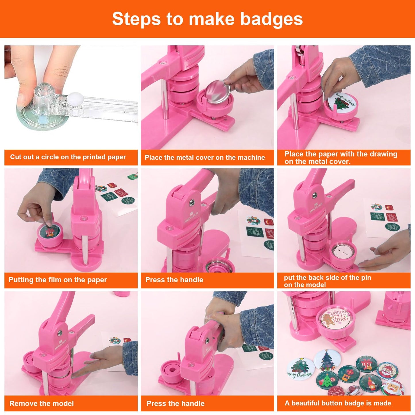 MECOLOUR Button Maker Machine Multiple Sizes 1.26+1.73+2.28 inch Pin Maker Machine,150pcs Button Badge Making Supplies,Button Press Machine for DIY Personalized Pinback Buttons Children DIY Gift(Pink)
