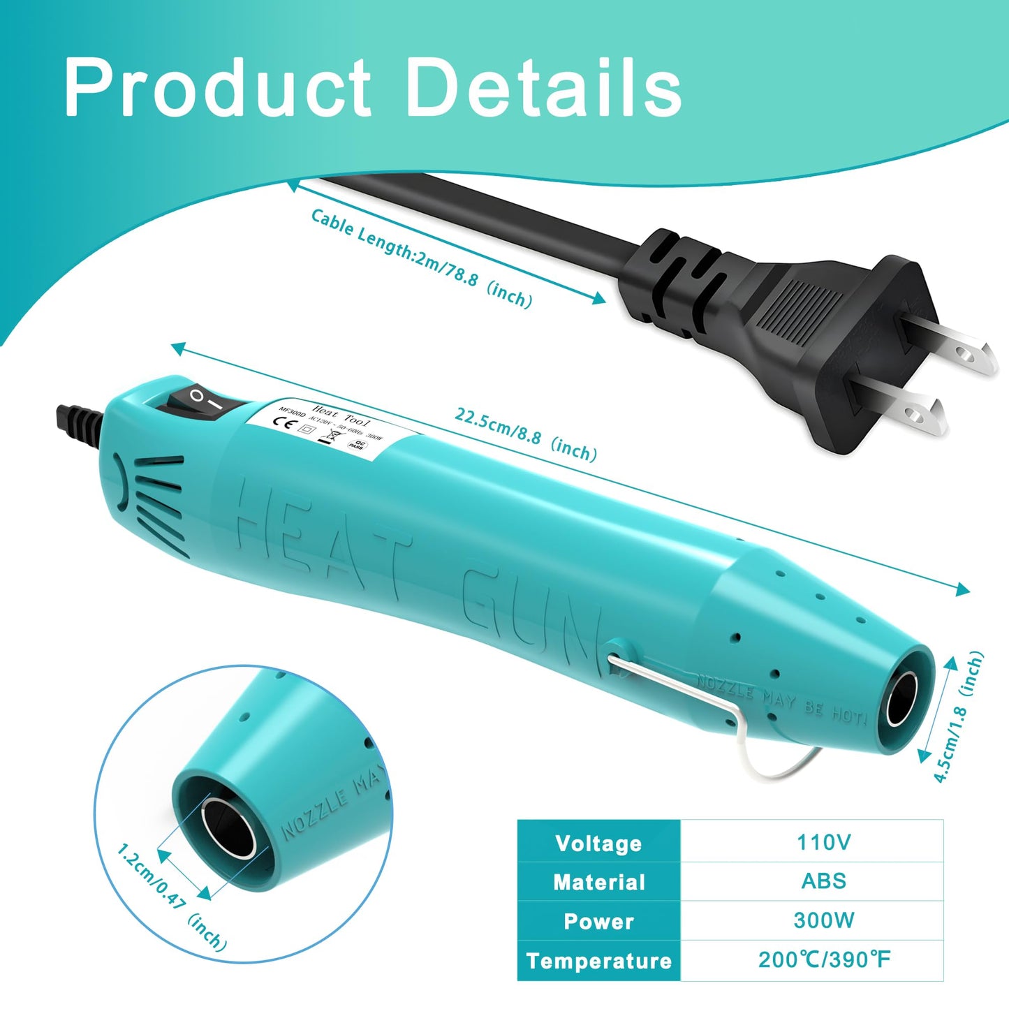 Heat Gun, Mini Heat Gun for Shrink Tubing, for DIY Crafts, 300W Heat Air Gun with Reflector Nozzle, Shrink Wrap Gun Tool for Packaging PVC, Drying Paint, Clay - green