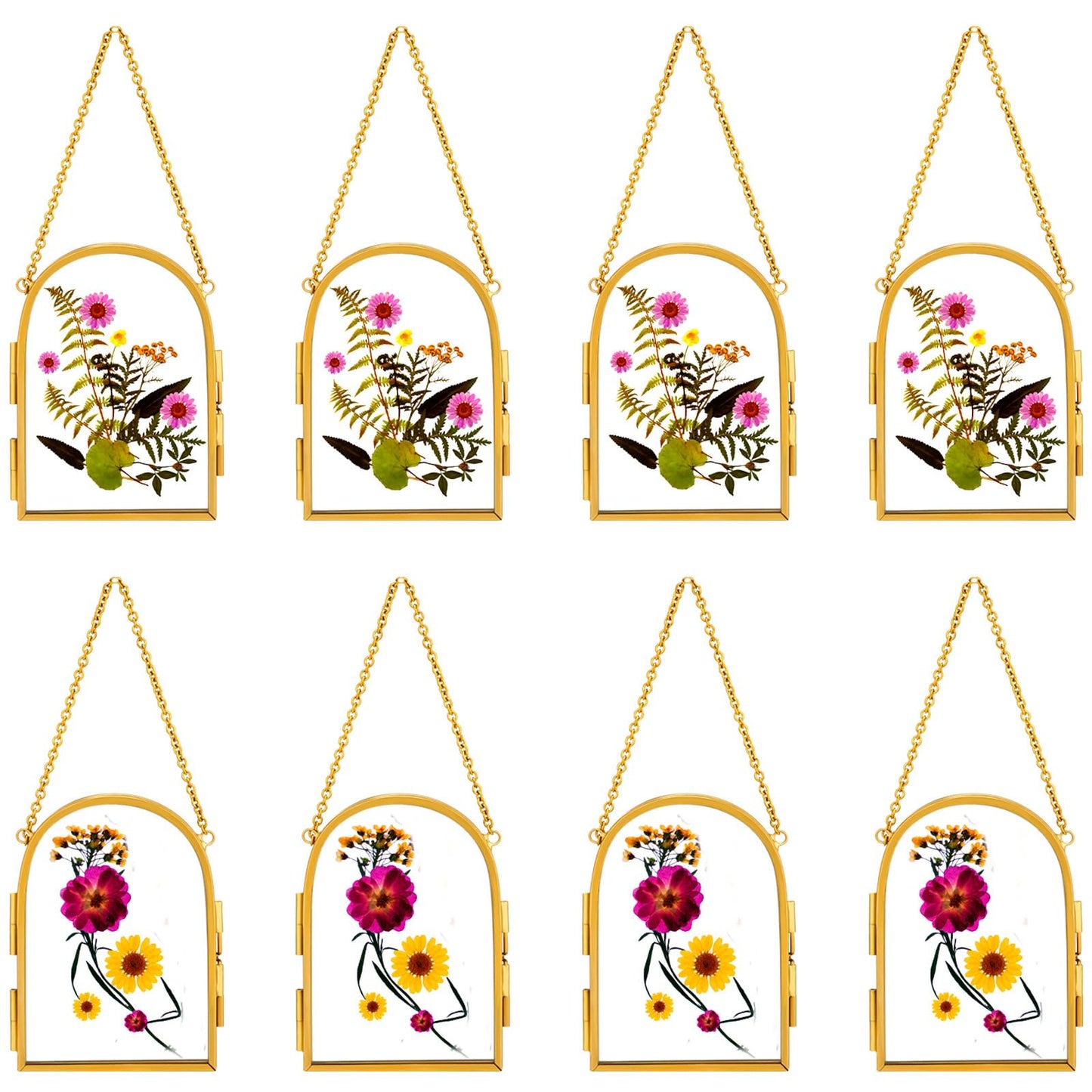 Qunclay 8 Pcs Glass Frame for Pressed Flowers 3.5 x 2.5 Inch Brass Hanging Photo Frame with Chain Arched Double Floating Picture Frames for Artwork Display DIY Dried Plant Specimen(Gold)