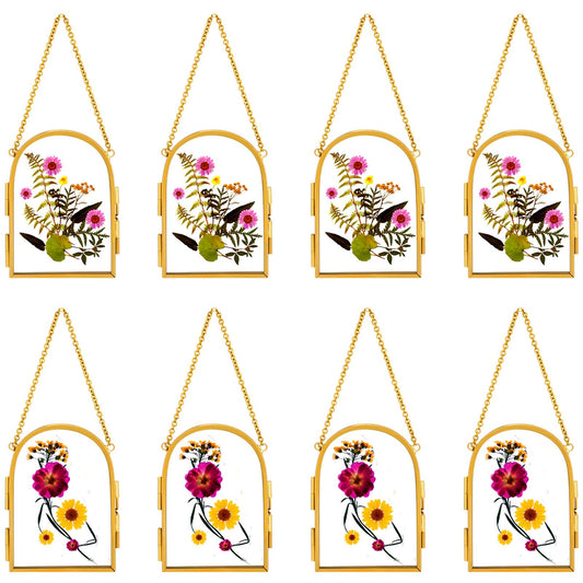 Qunclay 8 Pcs Glass Frame for Pressed Flowers 3.5 x 2.5 Inch Brass Hanging Photo Frame with Chain Arched Double Floating Picture Frames for Artwork Display DIY Dried Plant Specimen(Gold)