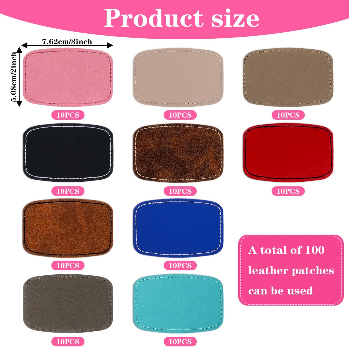 100 Pcs Blank Leather Hat Patches for Laser Engraving, Iron on Leather Patches for Hats, 10 Colors PU Faux Leatherette Adhesive Patch for DIY, Repair, Customization (3 x 2 inch)