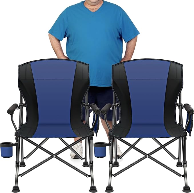 2 Pack Oversized Folding Camping Chair for Adults, Supports 450 LBS Camping Chairs, Heavy Duty Camping Chair with Side Pockets, Foldable Outdoor Chair for Camping, Beach, Fishing, Hiking, Blue-Black