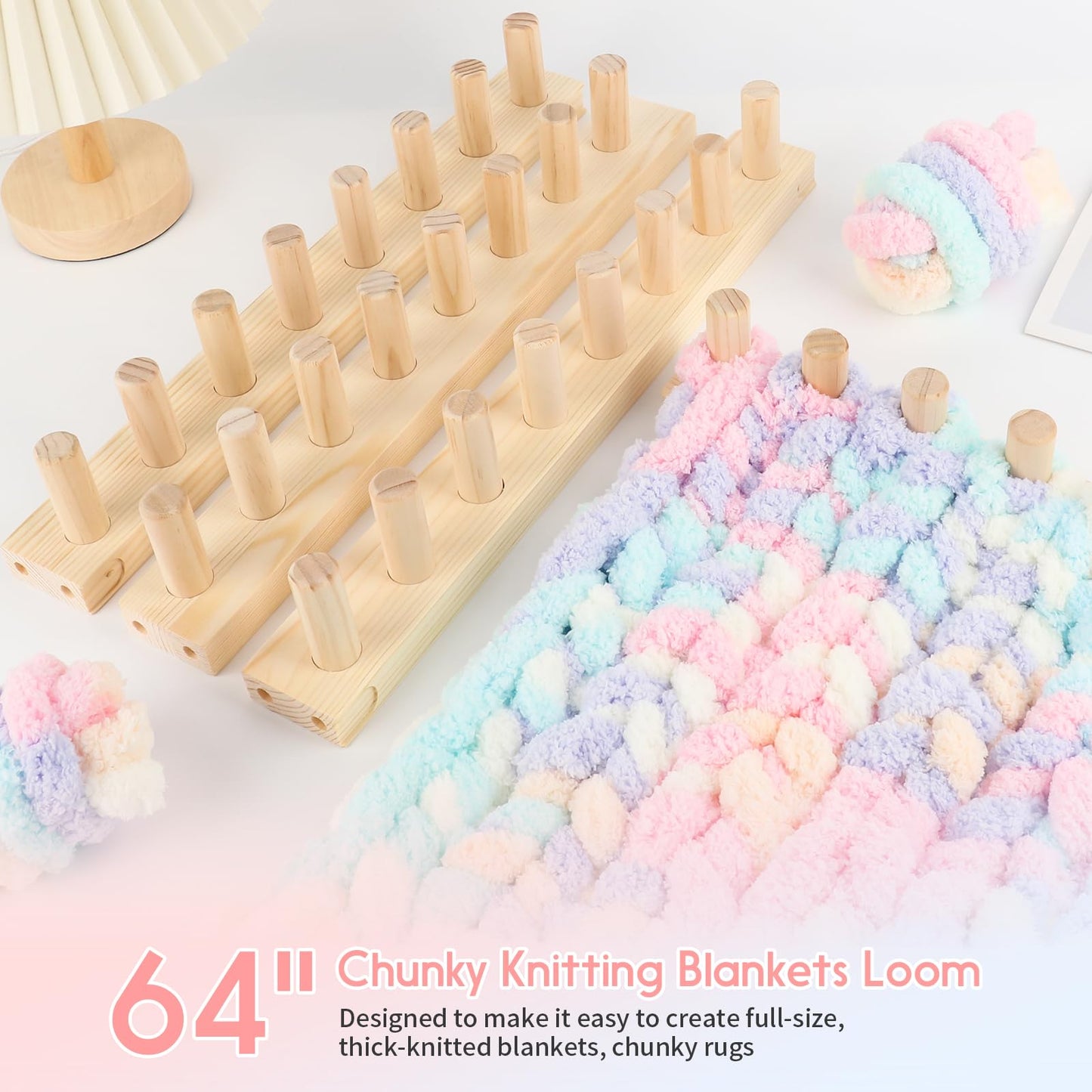 Ziimaikery 64 Inch Wooden Chunky Blanket Knitting Loom, Chunky Knitting Loom for Blanket Making Adjustable DIY Frame for Bulky Yarn Projects, Reusable Crafting Tool for Beginners (64inch)