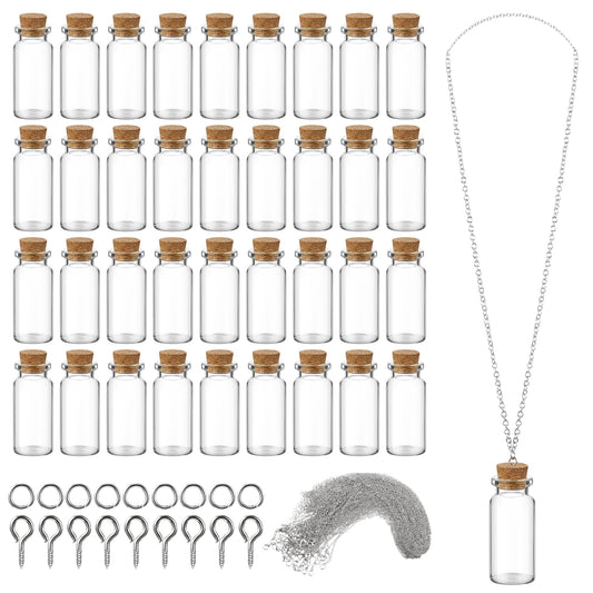 Sawysine 50 Pcs 10 ml Mini Glass Bottles Jars with Cork Mini Potion Bottles 50 Pcs Link Necklace Chain with Lobster Clasps Jewelry Chain 100 Pcs Eye Screws 100 Rings for Bead DIY Crafts Pendant Making