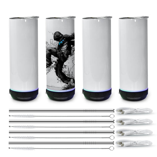 sweet grain Music Speaker Tumbler(4Pack) - Sublimation Tumbler 20 oz Skinny Straight with Speaker, Straw & USB Charging Cable, Sublimation Speaker Cups - Black