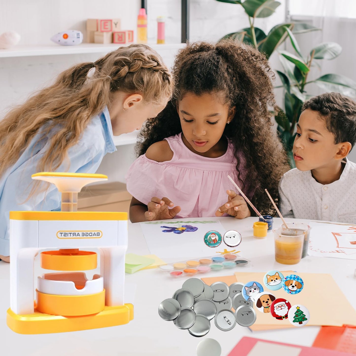 Button Maker Machine, 55mm/2.16in Pin Maker with 48pcs Button Parts and 48pcs Random Pictures Ergonomic Handle Buttons Makers for Children Gifts (5.9 x 4.9 x 2.7in)
