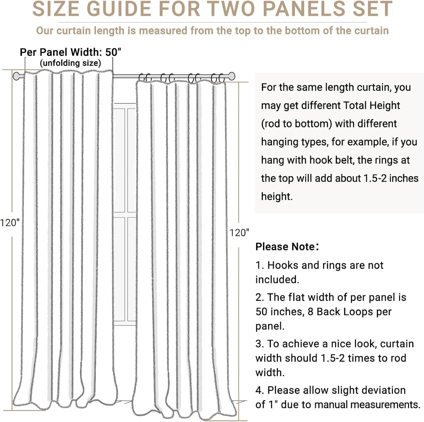 Skiennix 100% Blackout Linen Curtains - Thermal Insulated Drapes, 50" W x 120" L, Cream - 2 Panels Set