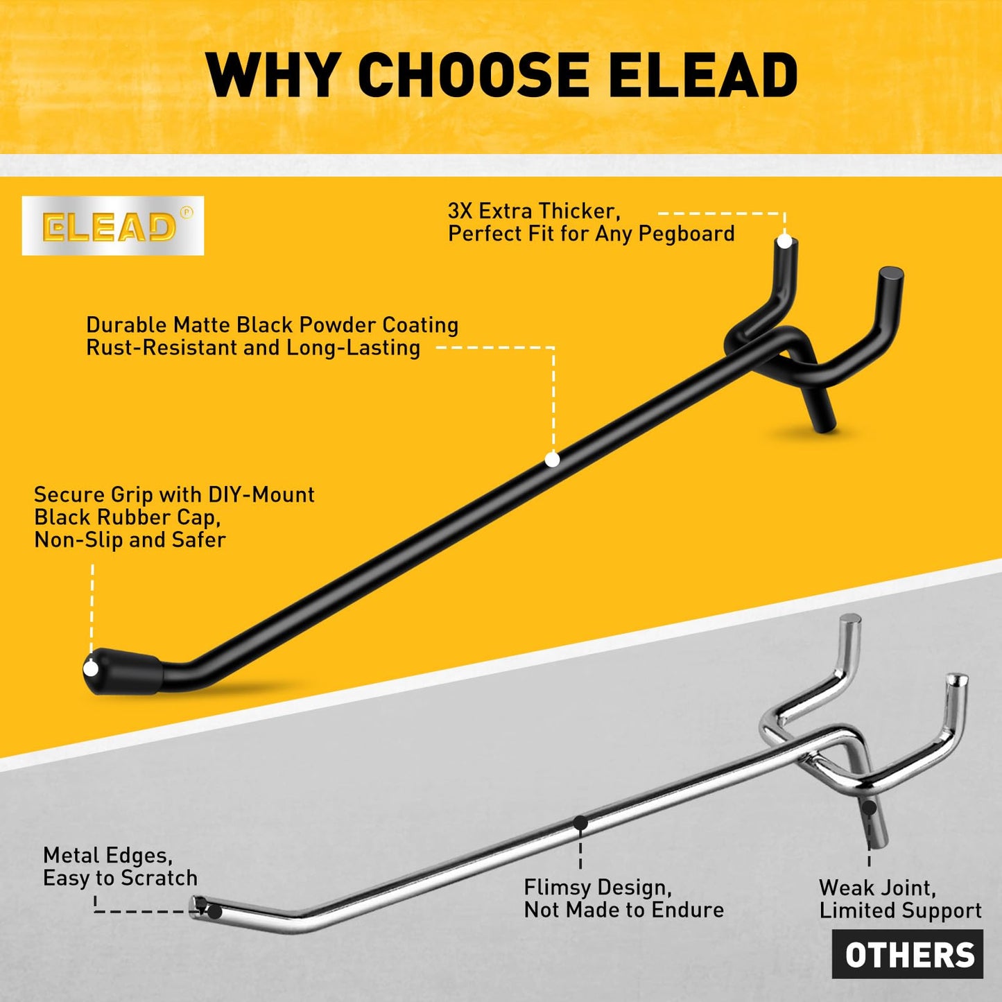 ELEAD 66-Piece 2/4/6 Inch Extra Thick Pegboard Hooks, Heavy Duty Peg Board Organizer Accessories, Peg Board Tool Hangers Fit for 1/4" Pegboard Hanging Tools Garage, Workshop, and Craft Storage