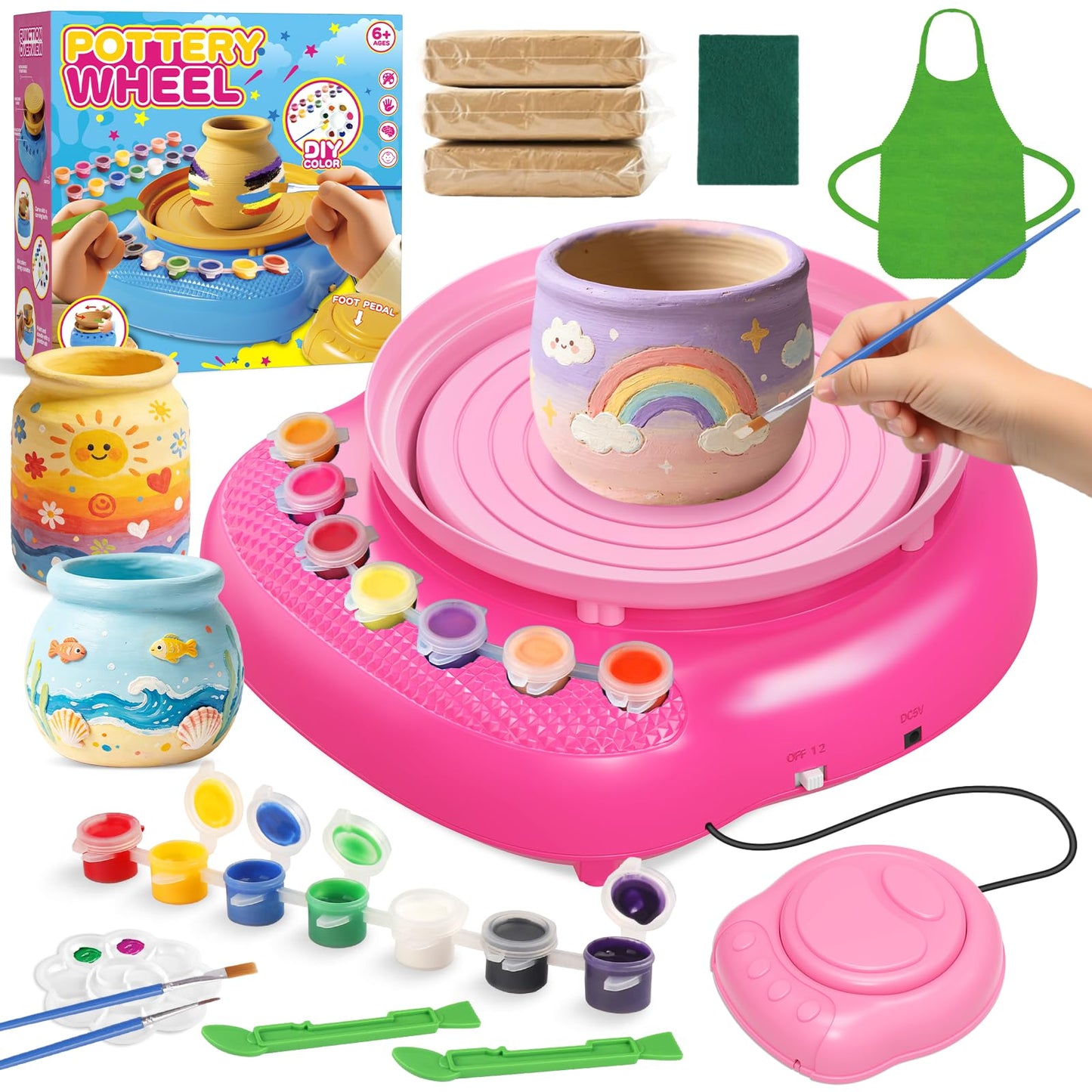 Pottery Wheel for Kids Complete DIY Pottery Painting Kit, Arts and Crafts for Kids Ages 8-12 with 3 Air-Dry Clay Packs and Tools, Art Supplies Toys Birthday Easter Gift for Boys Girls 6+ Years Old