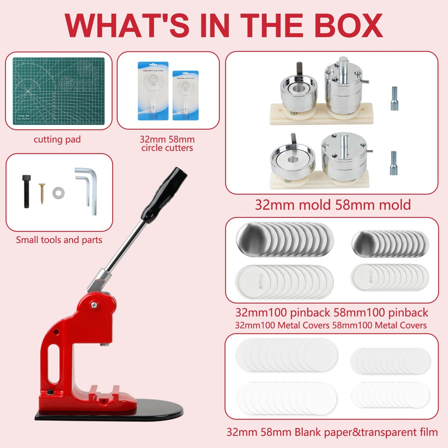 MK.Bear Button Maker Machine Multiple Sizes, Pin Maker Button Machine 1.25+2.25 Inch (32+58mm), DIY Button Press Machine Kit with 200 Button Parts Supplies, Comes with Circle Cutter and Cutting Mat
