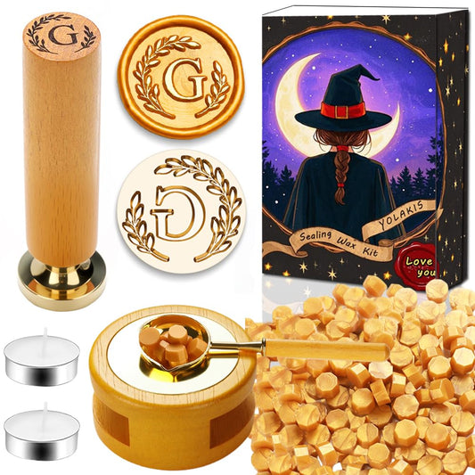 YOLAKIS Botanical Alphabet G Wax Seal Stamp Kit with Initial Wood Handle Vintage Floral Leaves Brass Wax Stamp Head Ideal for Wedding Invites Gift Wrapping Envelopes & Christmas Cards Decor-G Kit