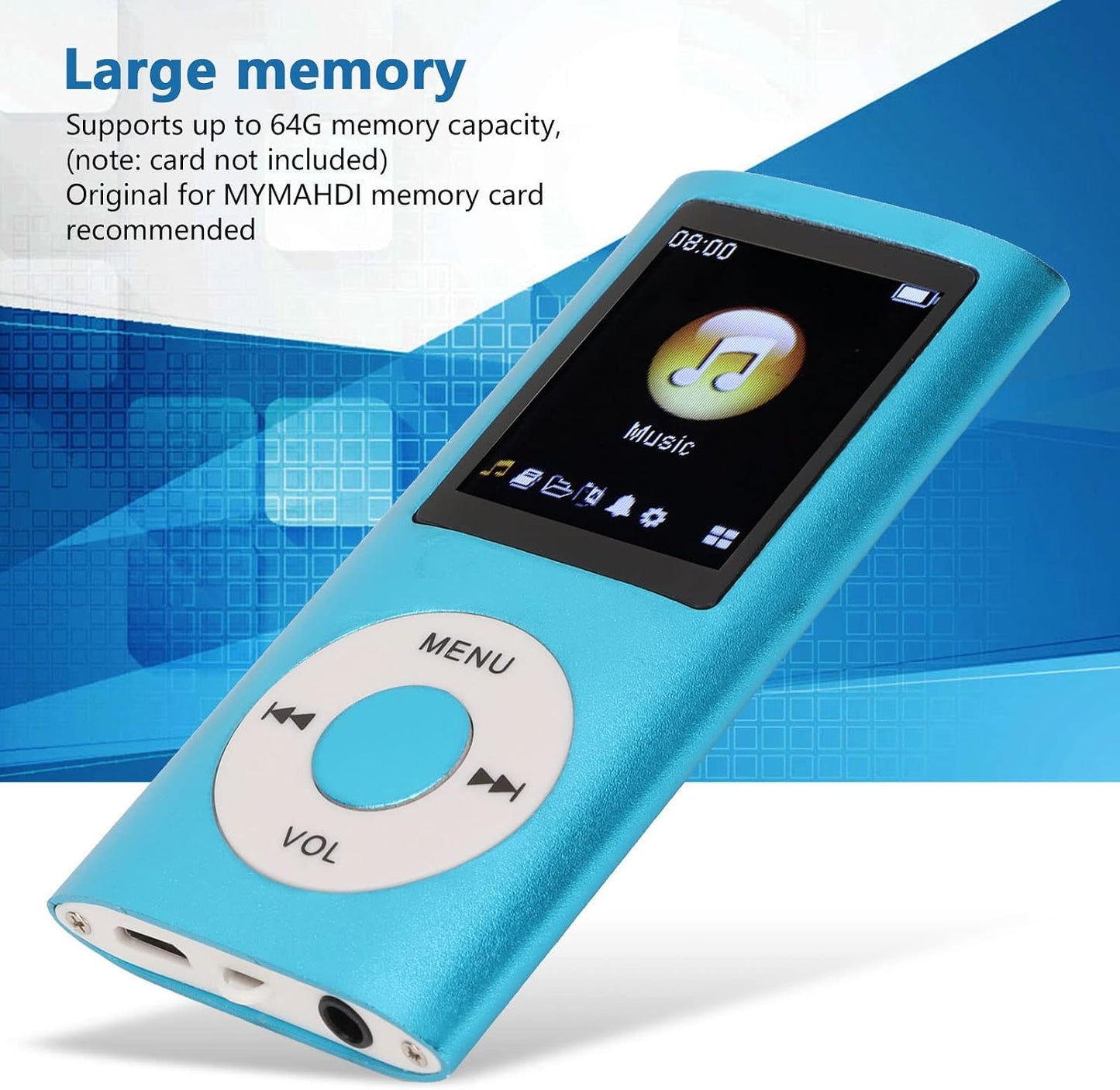 ASHATA MP3 64G, 1.8 Inch MP3 Player, Screen, Supports WMA FLAC APE AAC OGG and ACELP, for Sports and Studying