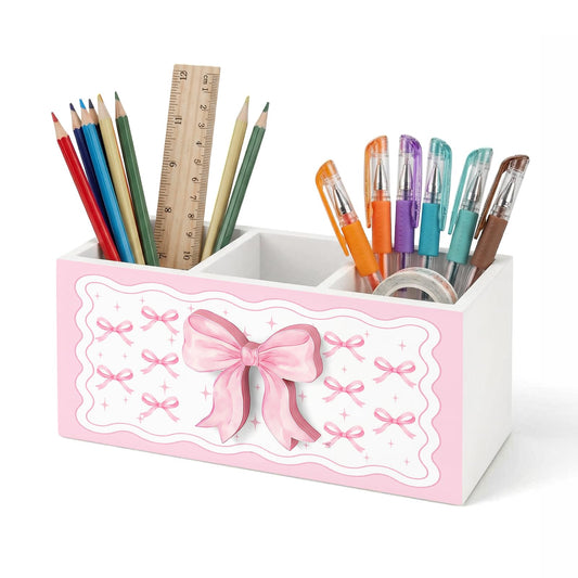 TOMPOP Pink Bow Pen Pencil Holder for Office Desk Pink Bow Office Decor Wooden Coquette Organizer Desktop Decor Gift for Girls Cute Makeup Brush Toothbrush Holder for Bathroom Desk Accessories