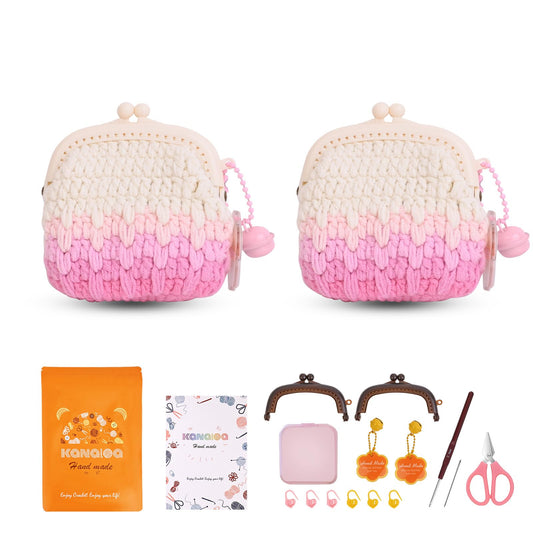 KANALOA Crochet Kits for Beginners - Handmade Craft DIY Knitting Set with Yarn,Hooks,Video Tutorials - Nice Gifts for Adults,Women - Mini Vintage Kisslock Wallet Coin Change Purses Pouch Storage Bag