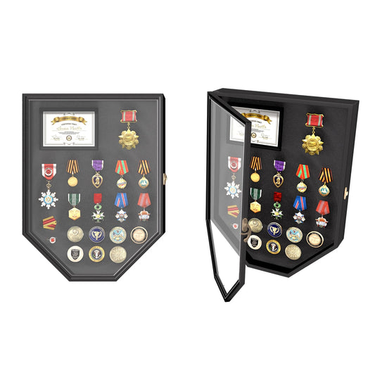 REFGY Challenge Coin Display, Military Coin Holder Display, 11.8 x 15.7 Inch Large Medal Display Case & Pin Display Cabinet with Horn Lock, Shadow Box Display Case for Military Medals,Insignia Ribbons