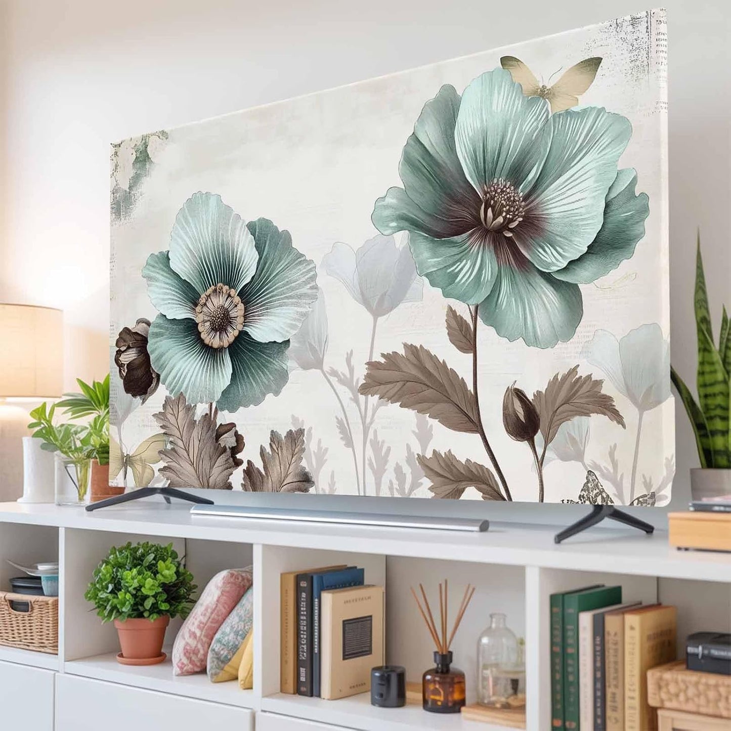 Yukro 75 Inch, 65"x37" Teal Broccoli Indoor TV Dust Cover, Rustic Farmhouse Flower Leaf Victorian Style Elastic TV