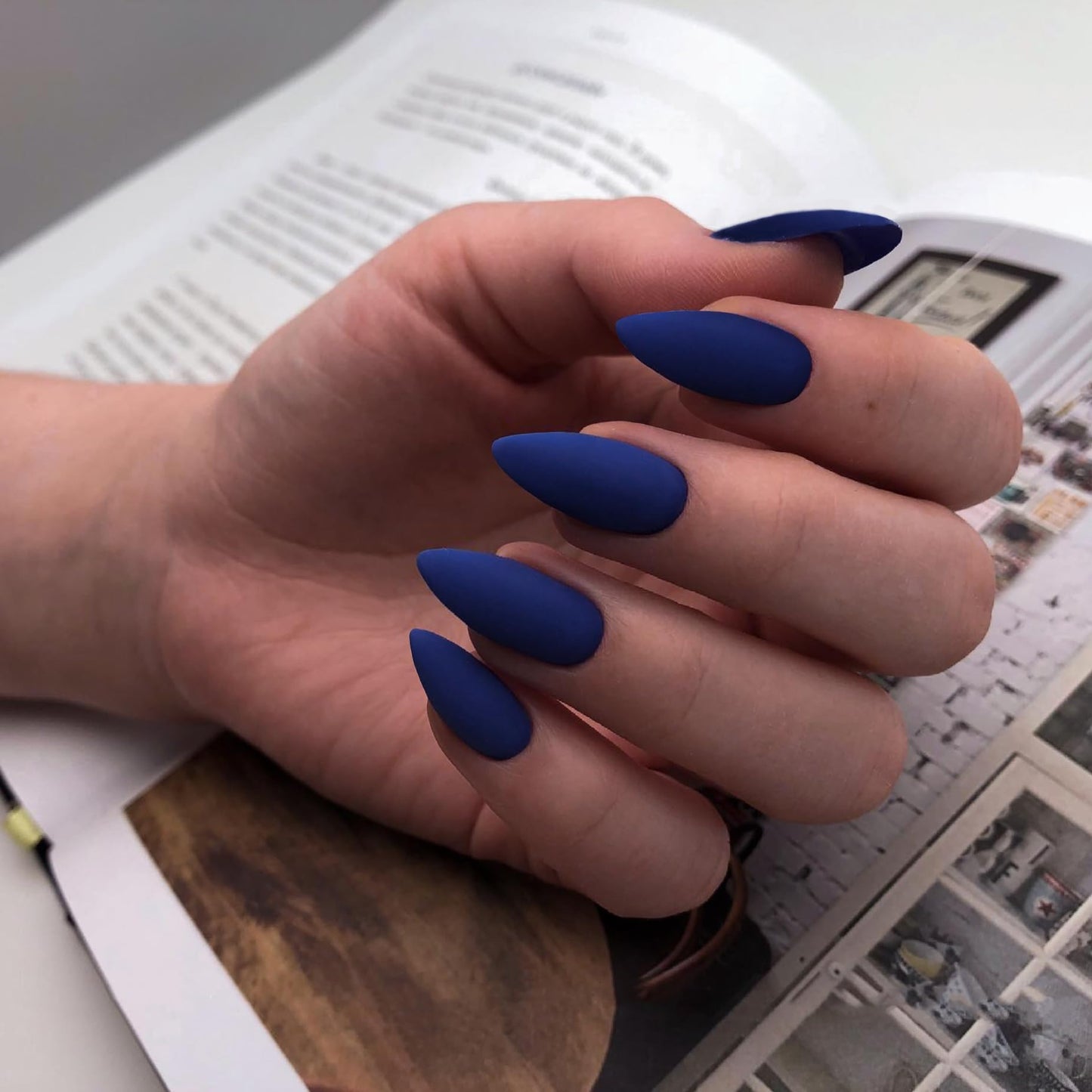 Dark Blue Press on Nails Medium Stiletto Almond,KQueenest Matte Pure Color Acrylic Nails Kit Reusable Fake Nails with Feature Protective UV Coating for Women Nail Art Manicure in 24PCS