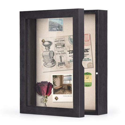 SZQINJI 8x10 Shadow Box Frame Memory Box Flower Shadow Box Display Case with Linen Back Glass Magnetic Door for Memorabilia Awards Medals Photos Rustic Black Wall and Tabletop