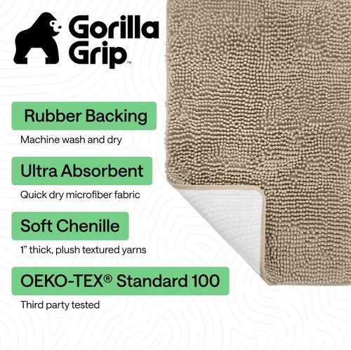 GORILLA GRIP Bath Rug Mat - Thick Absorbent Chenille | Quick-Dry Microfiber, 36x24, Gray Beige
