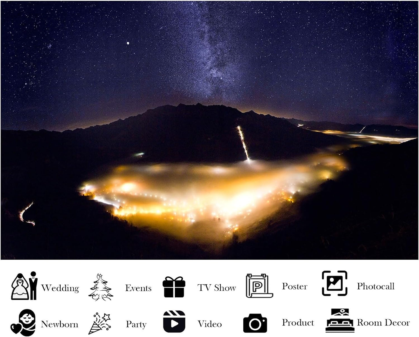LidyMini 8x8ft Fabric Alpine Valley Starry Night Backdrop Milky Way Foggy Town Lights Photography Background Mountain