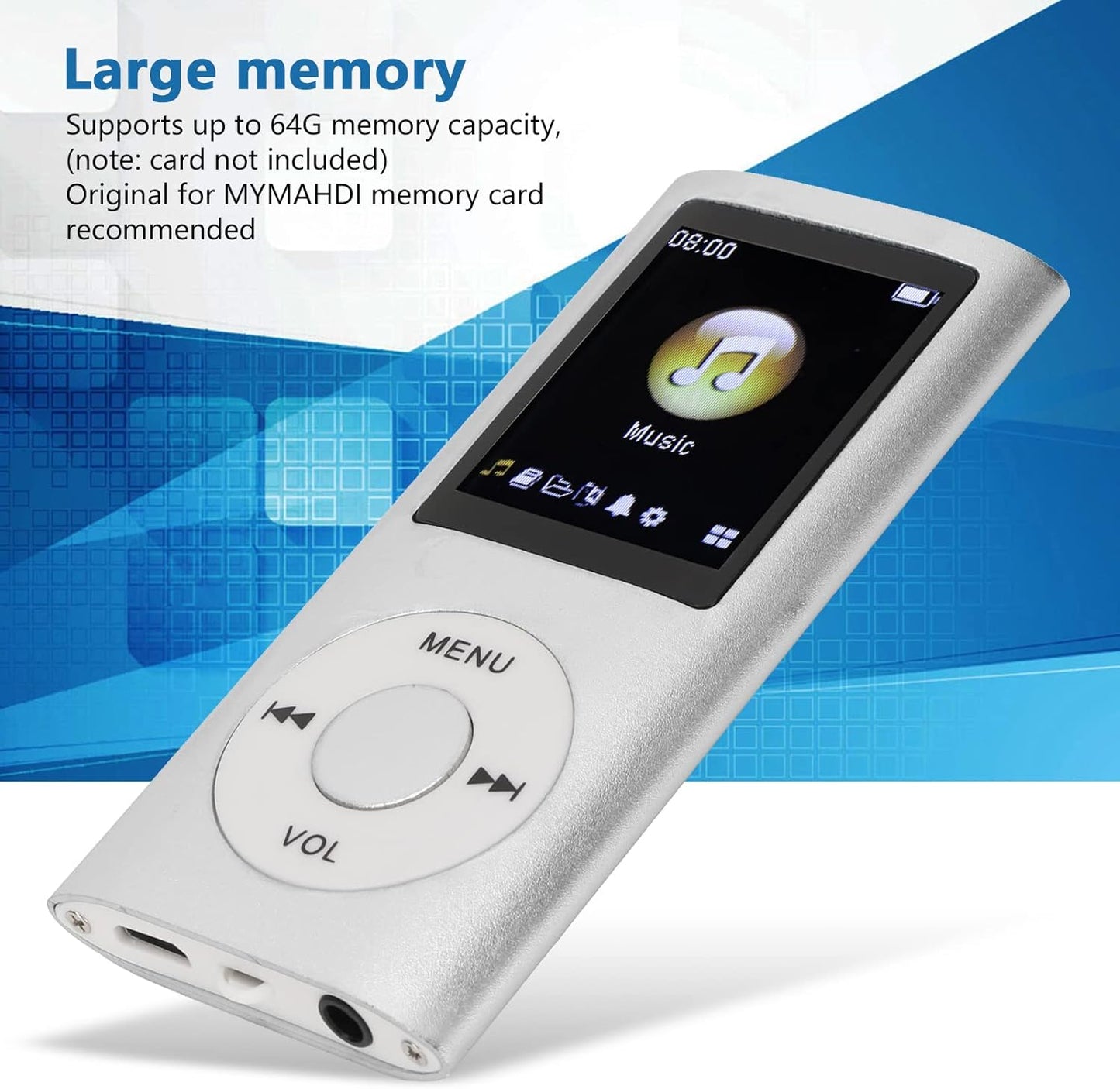 Zopsc MP3 1.8 Inch 64GB, 200mAh Player, Portable Lossless HiFi Music Player with LCD Screen, Memory Card Slot Support