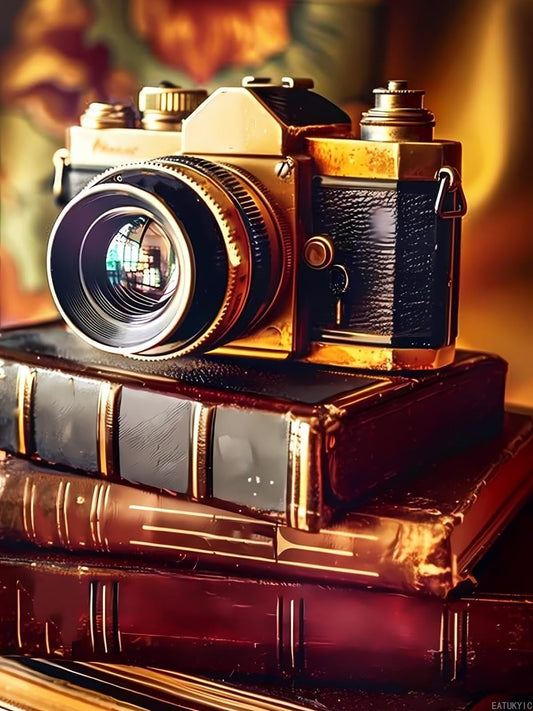 EATUKYIC Diamond Painting Kits for Adults, Vintage Camera on Books Camera Full Round Diamond Craftwork for Beginners Gem Art Home Wall Decor Gift 12x16 inch