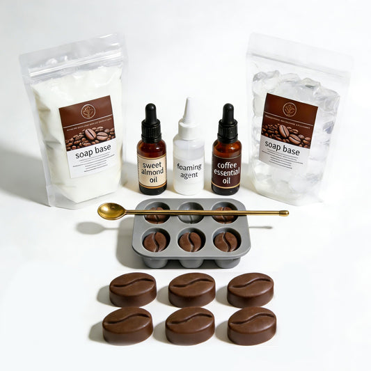DIY Coffee Soap Making Kit for Beginners, Complete Handmade Craft Set with Coffeebean Molds, Soap Base, Foaming Agent, Sweet Almond Oil, Coffee Fragrance, Gift Ready