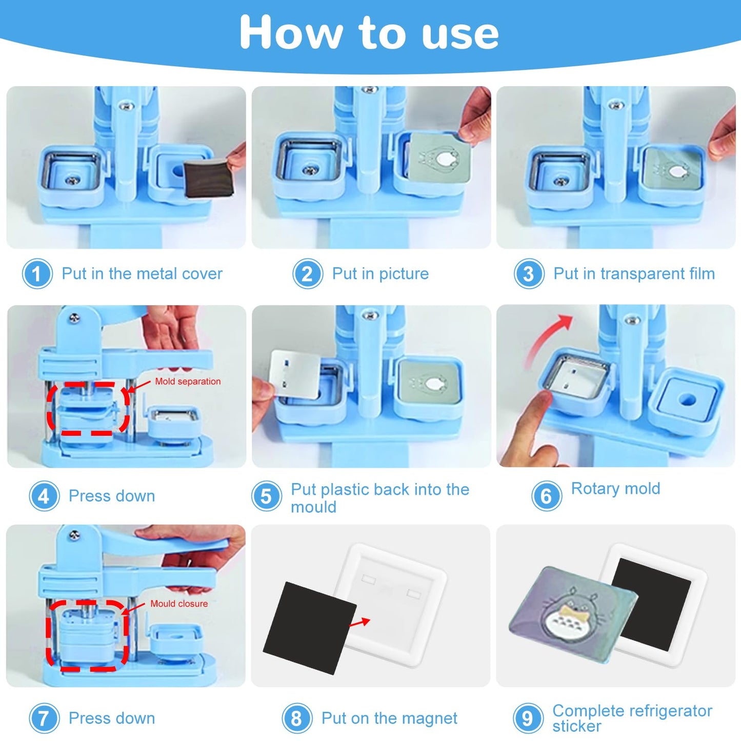 Vanttokeey Square Button Maker Machine 2x2 Inch (50mm x 50mm), Fridge Magnet Badge Maker Press Kit with 100 Sets Square Pin Making Supplies, for DIY Crafts and Home Projects (Blue)