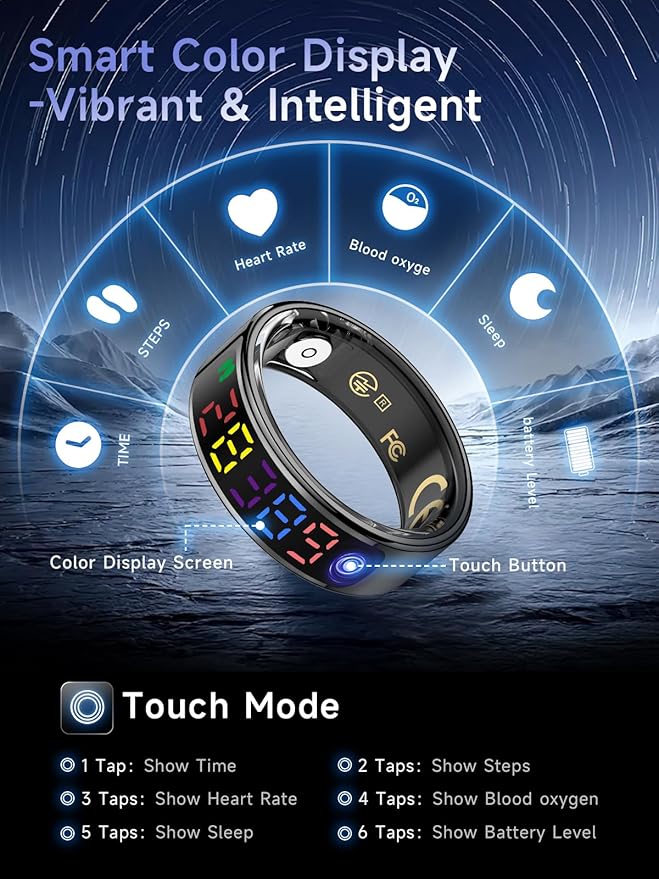 Smart Ring for Women Men, Health Ring with Colorful Display, Fitness Tracker with Heart Rate, Blood Oxygen, Sleep Monitor, No Subscription Fee, 5ATM Waterproof for iPhone & Android (Black, 8)