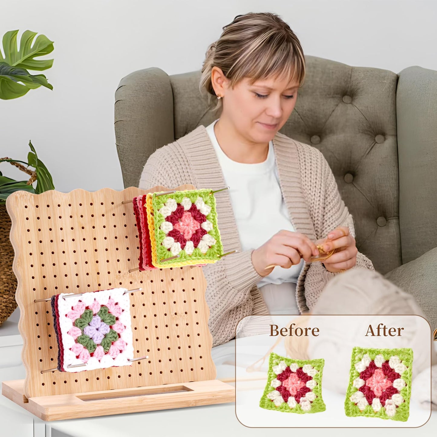 Canhakela Granny Square Blocking Board for Crochet Projects - 9.25" Wooden Crochet Blocking Board with 20 Stainless Steel Steel Pegs - Essential Knitting & Crochet Supplies for Precise Shaping and Blocking Mats Replacement