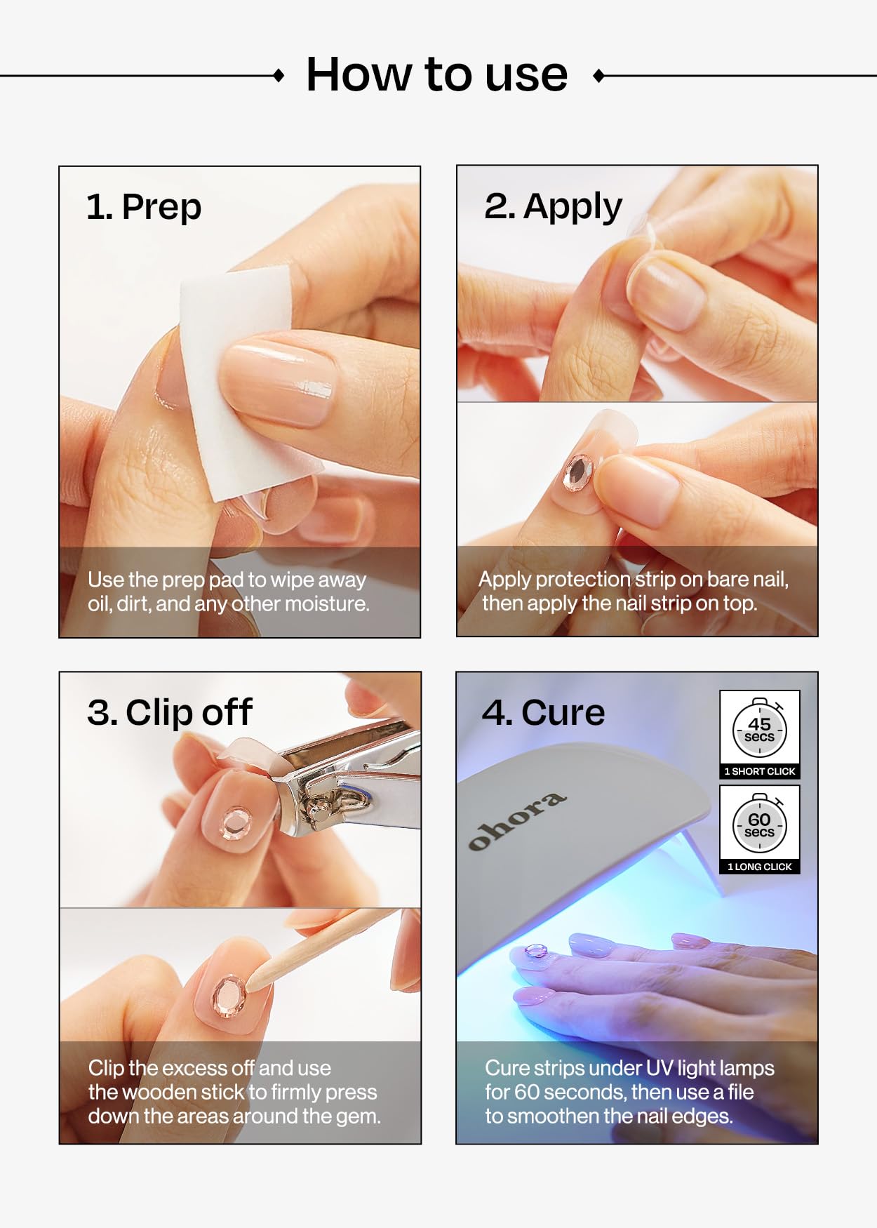 ohora Semi Cured Gel Pedi Strips (P Silky) - Works with Any Nail Lamps, Salon-Quality, Long Lasting, Easy to Apply & Remove - Includes 2 Prep Pads, Nail File & Wooden Stick