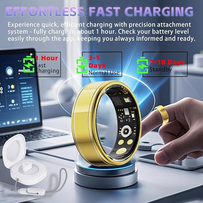 Activity Tracker Ring for Men Women ??Smart Health Ring with Heart Rate, SpO2, Blood Pressure, Sleep Monitoring, Step & Calorie Counter, 5ATM Waterproof, No Subscription Fee (Gold 9)