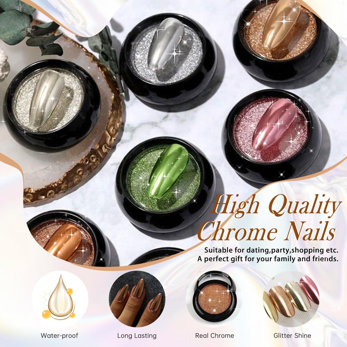 Rainbow Chrome Press on Nails Medium Almond, KQueenest Aurora Stiletto Fake Acrylic Nails with Bling Design, Cute Green Glue on Nails for Daily Party Wear, False Nails Press ons in24 PCS